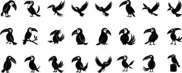Fototapeta premium Toucan Silhouette Bundle – Tropical Bird Vector Set with Standing, Flying & Perched Toucans | Jungle Wildlife Clipart for Exotic Designs