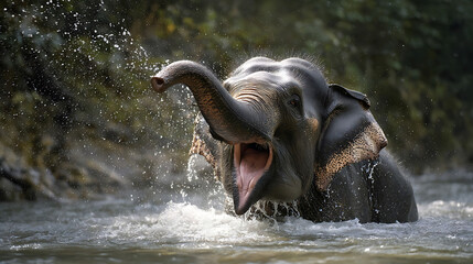 Majestic elephant joyfully bathing in water splashing exuberantly trunk