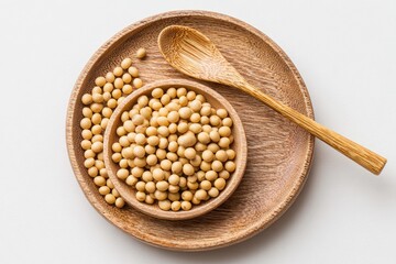 A small wooden bowl filled with soybeans sits on a larger wooden plate, accompanied by a wooden spoon, all against a white background.  Soybeans are also scattered around the bowl