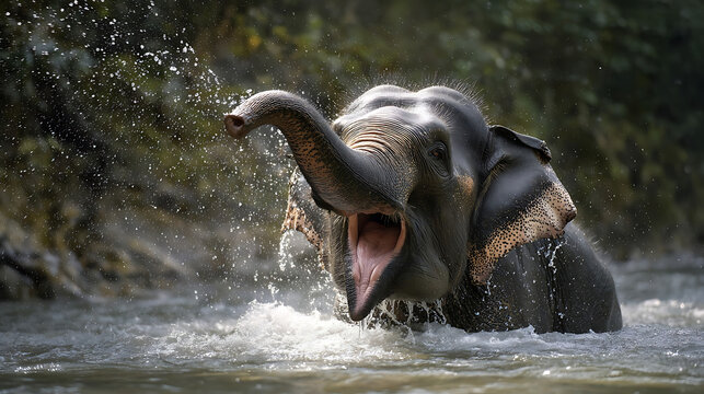 Majestic elephant joyfully bathing in water splashing exuberantly trunk - Powered by Adobe