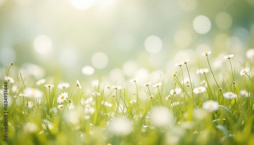 Poster sunlight gently filters through a field of small white flowers, creating a peaceful and inviting nat