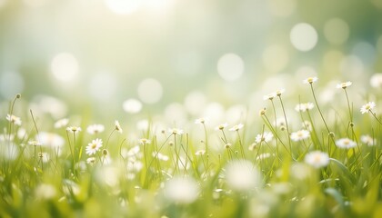Obraz premium Sunlight gently filters through a field of small white flowers, creating a peaceful and inviting natural scene