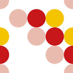 Seamless bauhaus pattern of red, yellow and beige circles on white background