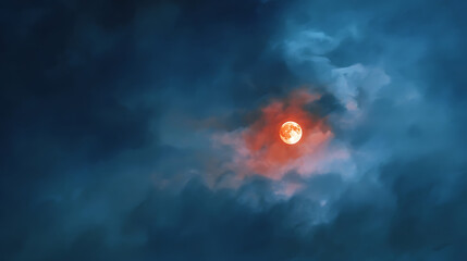 Fiery orange moon glowing intensely amidst dark blue clouds night celestial