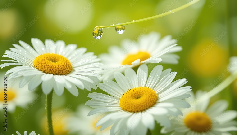 Poster close up of gentle daisies with dew drops on a blade of grass against a soft green blurred backgroun