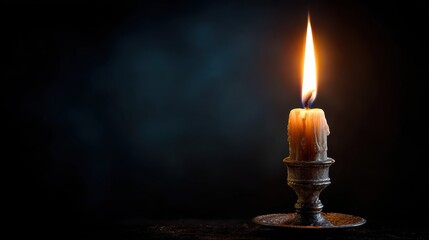 Fototapeta premium A solitary candle burns brightly in a dark space, casting a warm glow and creating a serene atmosphere.