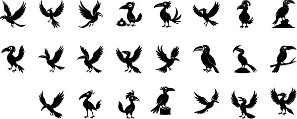 Fototapeta premium Toucan Silhouette Bundle – Tropical Bird Vector Set with Perched, Flying & Side Profile Toucans | Jungle Wildlife Clipart for Exotic Designs