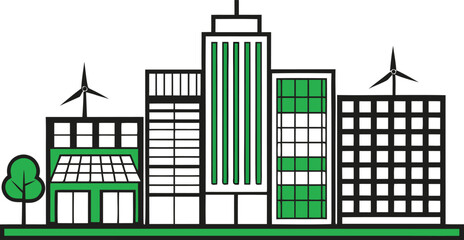 Obraz premium Eco- Friendly Cityscape with Green Buildings and Wind Turbines vector illustration
