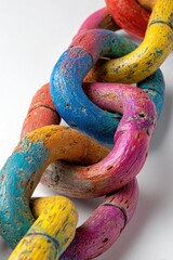 A vibrant chain of chunky, multicolored wooden links, showing distressed paint and natural wood grain, set against a clean white background