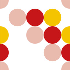 Seamless bauhaus pattern of red, yellow and beige circles on white background