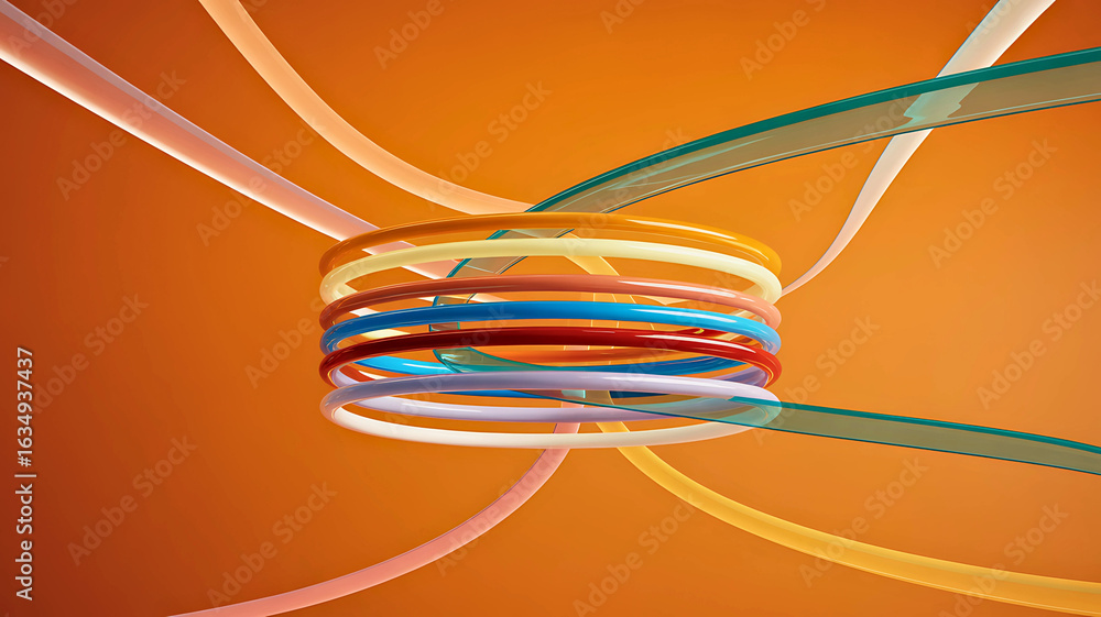 Poster a vibrant hub of interconnected colorful rings with flowing streams, representing communication, net