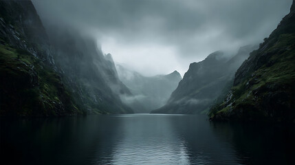 Moody mountain fjord with dark water and misty peaks mountains lake