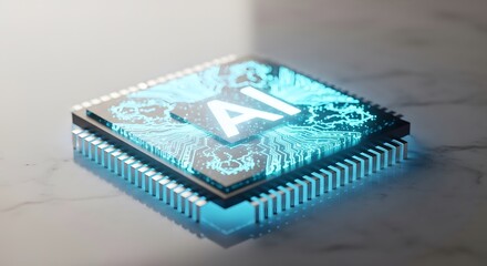 brightly glowing ai chip on light