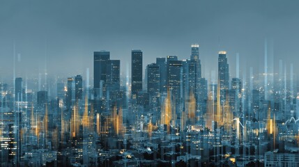 Obraz premium A stunning abstract view of a modern city skyline illuminated at night, showcasing dynamic architecture and urban life.