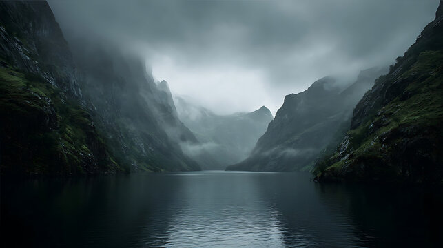 Moody mountain fjord with dark water and misty peaks mountains lake - Powered by Adobe