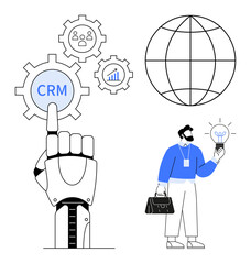 Robotic hand activating CRM gear, person holding lightbulb idea, globe, data gears. Ideal for business, automation, technology, innovation, teamwork global networking simple flat metaphor