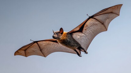 Fototapeta premium A stunning image of a bat soaring through the sky, showcasing its intricate wing structure and graceful flight.
