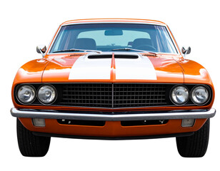 Orange American Muscle Car with White Racing Stripes, Aggressive Front View, Transparent PNG