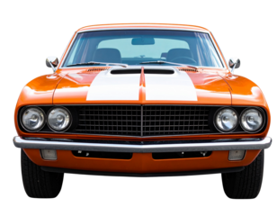 Orange American Muscle Car with White Racing Stripes, Aggressive Front View, Transparent PNG