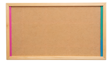 Empty cork board with a wooden frame and pink and blue strips on the sides, isolated on transparent background