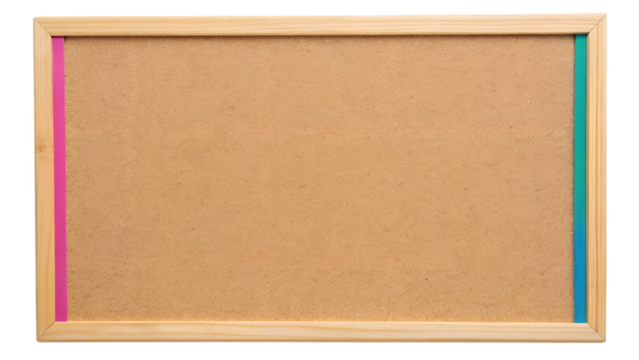 Empty cork board with a wooden frame and pink and blue strips on the sides, isolated on transparent background