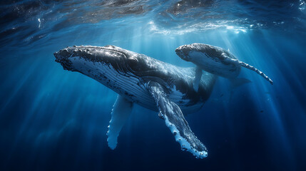 Fototapeta premium Majestic humpback whales swimming in deep blue ocean waters illuminated by sunbeams underwater marine life