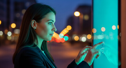 Woman uses interactive touchscreen display at night, city lights blurred background, showcasing modern technology and urban interaction