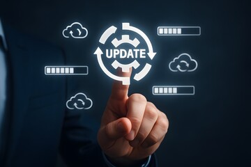 Naklejka premium Software update concept with hand pressing button for system upgrade process