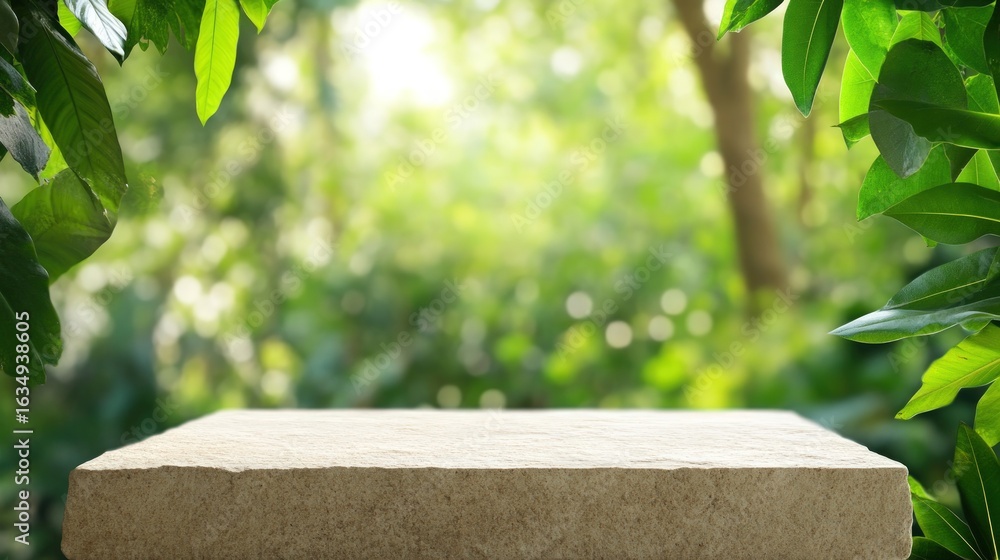 Poster stone surface display platform in green nature setting with soft sunlight