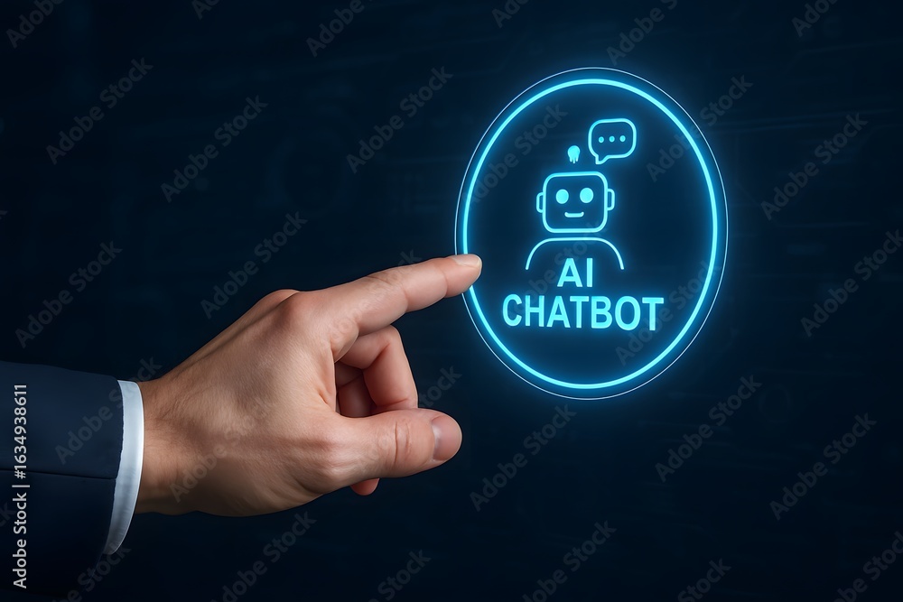 Poster ai chatbot concept with hand pointing at digital interface for virtual assistant