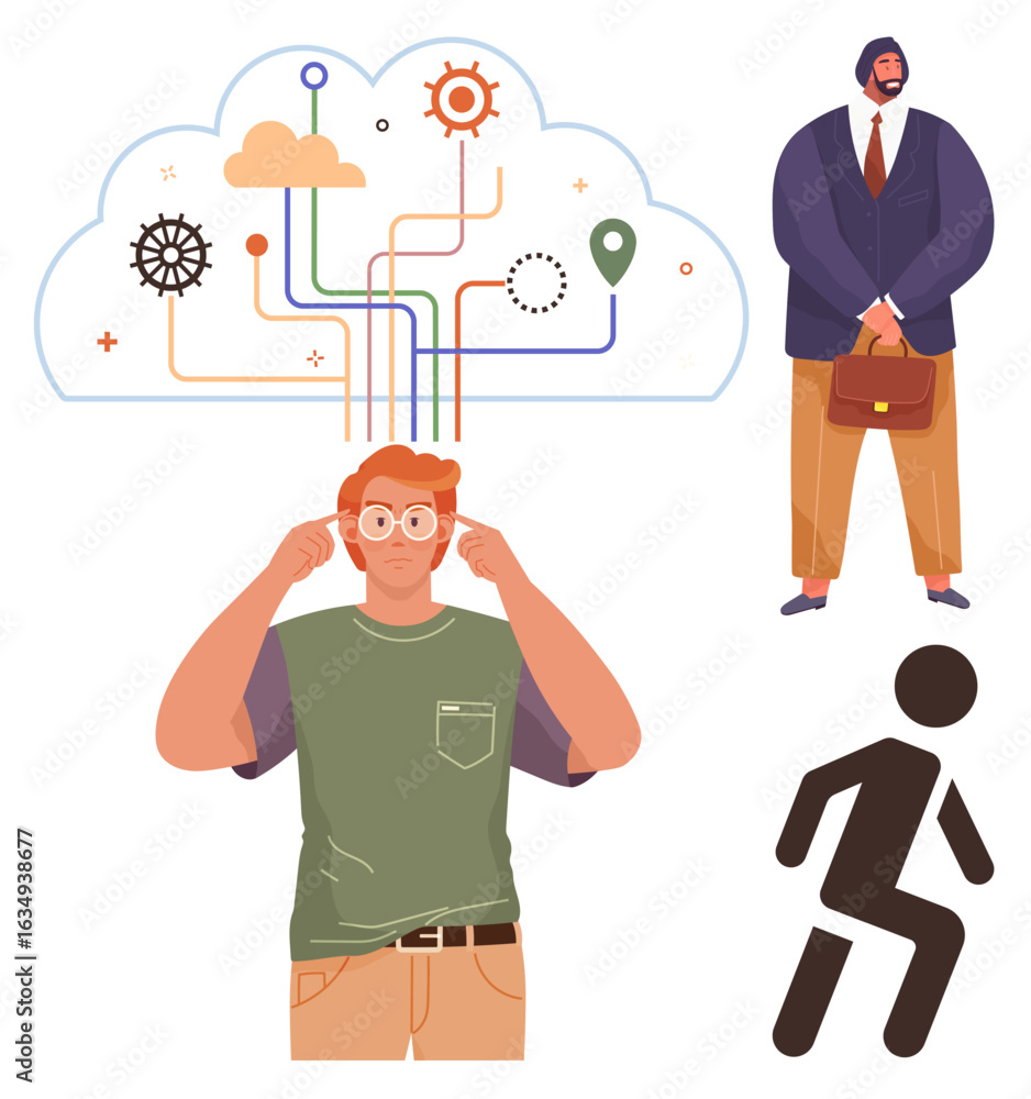 Poster man analyzing complex ideas symbolized by a cloud with interconnected elements, suited professional 