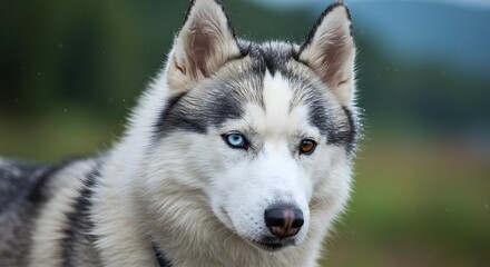 Close up portrait of a husky with heterochromia standing outdoors in a blurry background