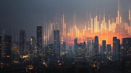 Obraz premium A stunning urban skyline at sunset, featuring modern buildings and dynamic city life.