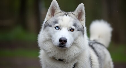 Obraz premium A close up shot of a husky with heterochromia standing in a blurry outdoor forest setting