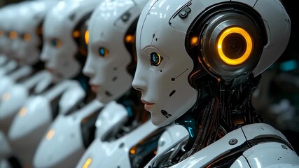 Close-up of a row of futuristic humanoid robots with glowing eyes and intricate details - Powered by Adobe