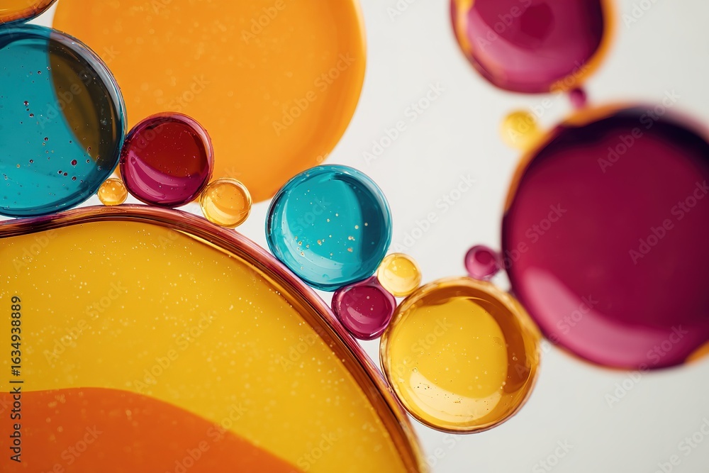 Poster colorful abstract bubbles create a vibrant composition with varying shapes and hues on a light backg