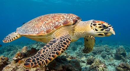 A sea turtle swimming gracefully over a vibrant coral reef in clear blue ocean waters close up view