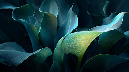 Lush deep green and teal plant leaves with vibrant yellow accents nature