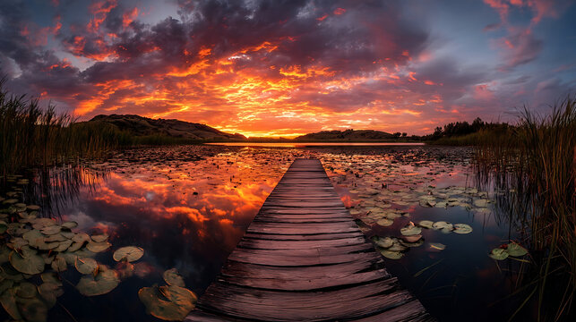 Fiery sunset over tranquil lake with wooden pier and lily pads reeds