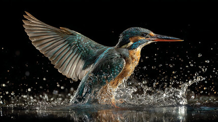 Majestic kingfisher emerges from water with wings spread mid flight bird wildlife