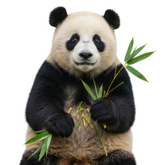 Naklejka premium A beautiful giant panda sits and enjoys bamboo leaves, with a charming smile.