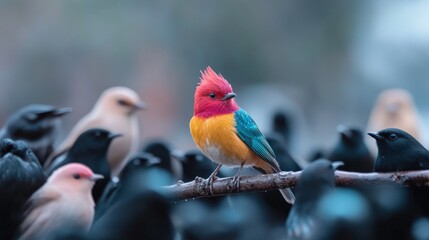 Vibrant bird perched among gathering in natural habitat