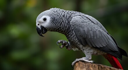 Fototapeta premium Close up of an african grey parrot perched on a wooden post with a blurred green background