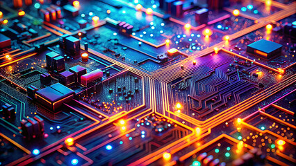Intricate glowing circuit board with neon blue and orange lights illuminating complex electronic components and pathways