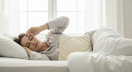 Woman resting in bed, eyes closed, hand on forehead, wearing light grey pajamas, beige heating pad on abdomen, showcasing relaxation and comfort