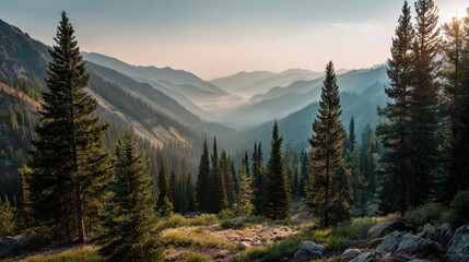 A stunning view of misty mountains surrounded by lush green pine trees under a serene sky.