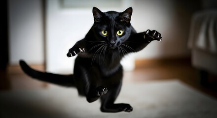 A black cat with green eyes mid air extending its claws in a playful or defensive posture indoors