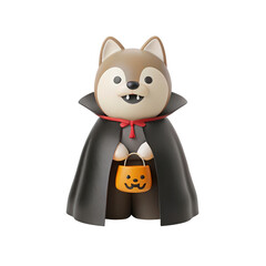 Cartoon wolf dressed in a vampire cloak holds a pumpkin bucket on transparent background