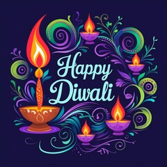Colorful Happy Diwali Greeting Card with Artistic Diyas and Festive Floral Design - AI-Generated
