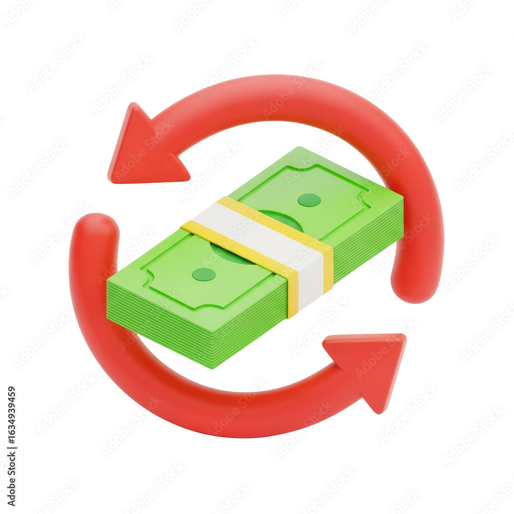 Poster 3d icon of money exchange concept with dollar stack and red arrows isolated on transparent backgroun